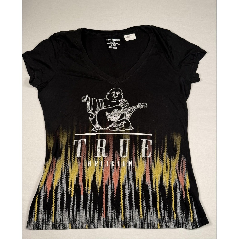 True Religion Shirt Womens Large Black Buddha Guitar Graphic Tee Ombre Ikat Hem